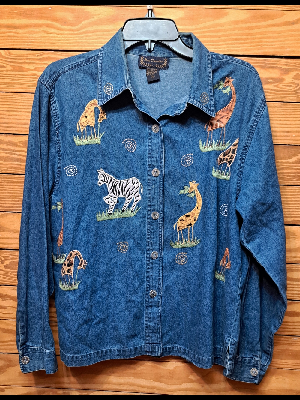 Ladies Vintage 80s Denim Shirt Jacket Safari Themed Embroidery Sz XL 100% Cotton